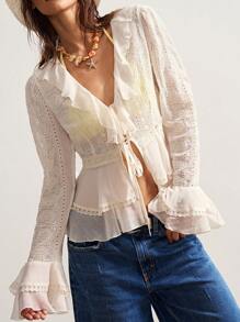 Bohemela Blusa casual de mujer con bordados y volantes en el bajo, de estilo bohemio - Albaricoque - Ver 1