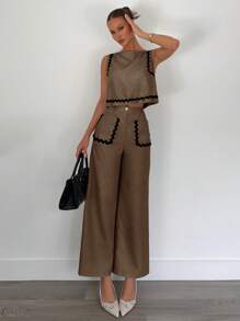 Siren Gaze 2 件套女士夏季服装，撞色饰边休闲宽松上衣和纯色休闲裤套装，适合日常、工作、通勤