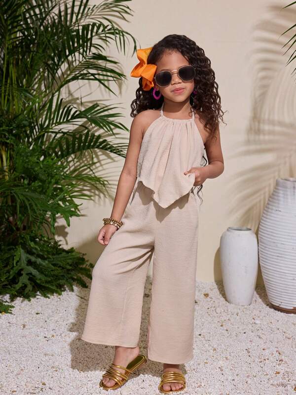 Conjunto informal de vacaciones de niña con parte superior con cuello de halter de unicolor tejido y pantalones de pierna ancha