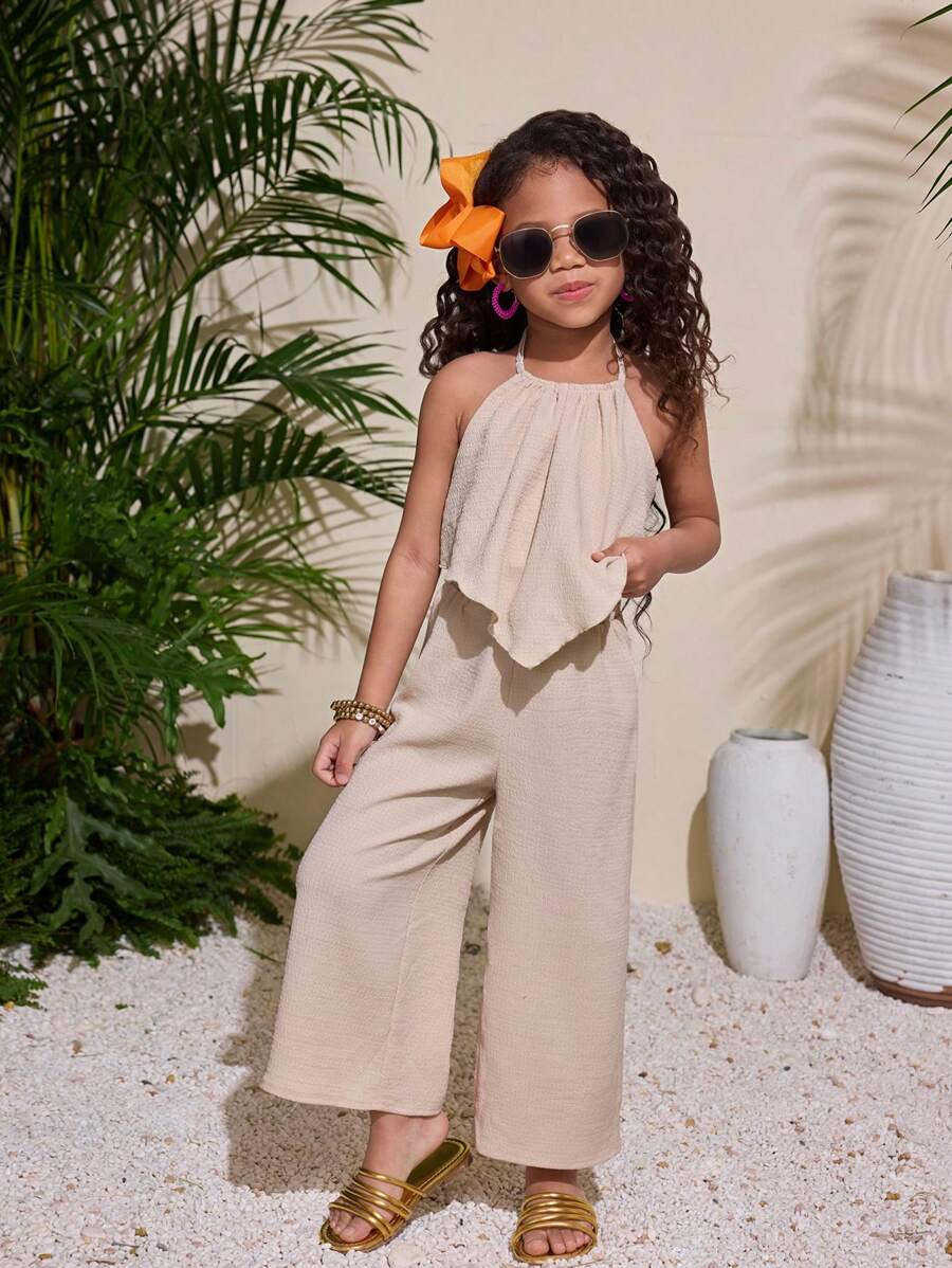 Bộ quần ống rộng và áo yếm dệt trơn màu cho kỳ nghỉ của bé gái - Màu Khaki - Xem 1