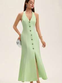 Femmeiva Sleeveless Single-Breasted Dress With Fishtail Hem For Women Elegant FashionableOld Money Style  For Summer Spring Fall Autumn - Green - View 4