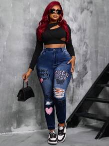 SHEIN SXY Plus Size Denim Stretch Skinny Jeggings With Elastic Waist And Printed Design
