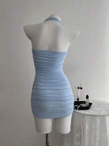 Elamini 网眼露背度假百搭修身女式连衣裙 - 藍色 - 查看 2