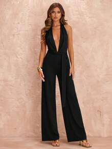 SHEIN BAE 夏季海滩度假紧身性感深 V 结假日连体裤，适合日常约会、夜间外出、夜总会、派对、聚会、鸡尾酒会、泳池派对、返校季服装、学校季节、假日服装、音乐节服装、乡村音乐节服装、音乐会服装