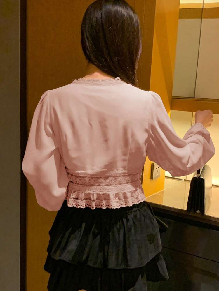Contrast Lace V-Neck Elegant Blouse, Women Summer Top Long Sleeve Top Vacation