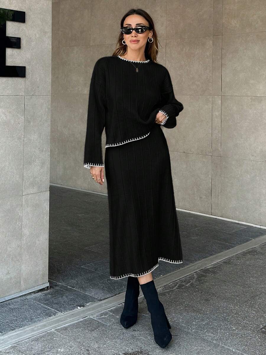 EURMUSE Women Solid Color Rib Knit Handmade Stitch Detailed Sweater & Sweater Skirt Set,Petite,Winter Clothes - Black - View 1