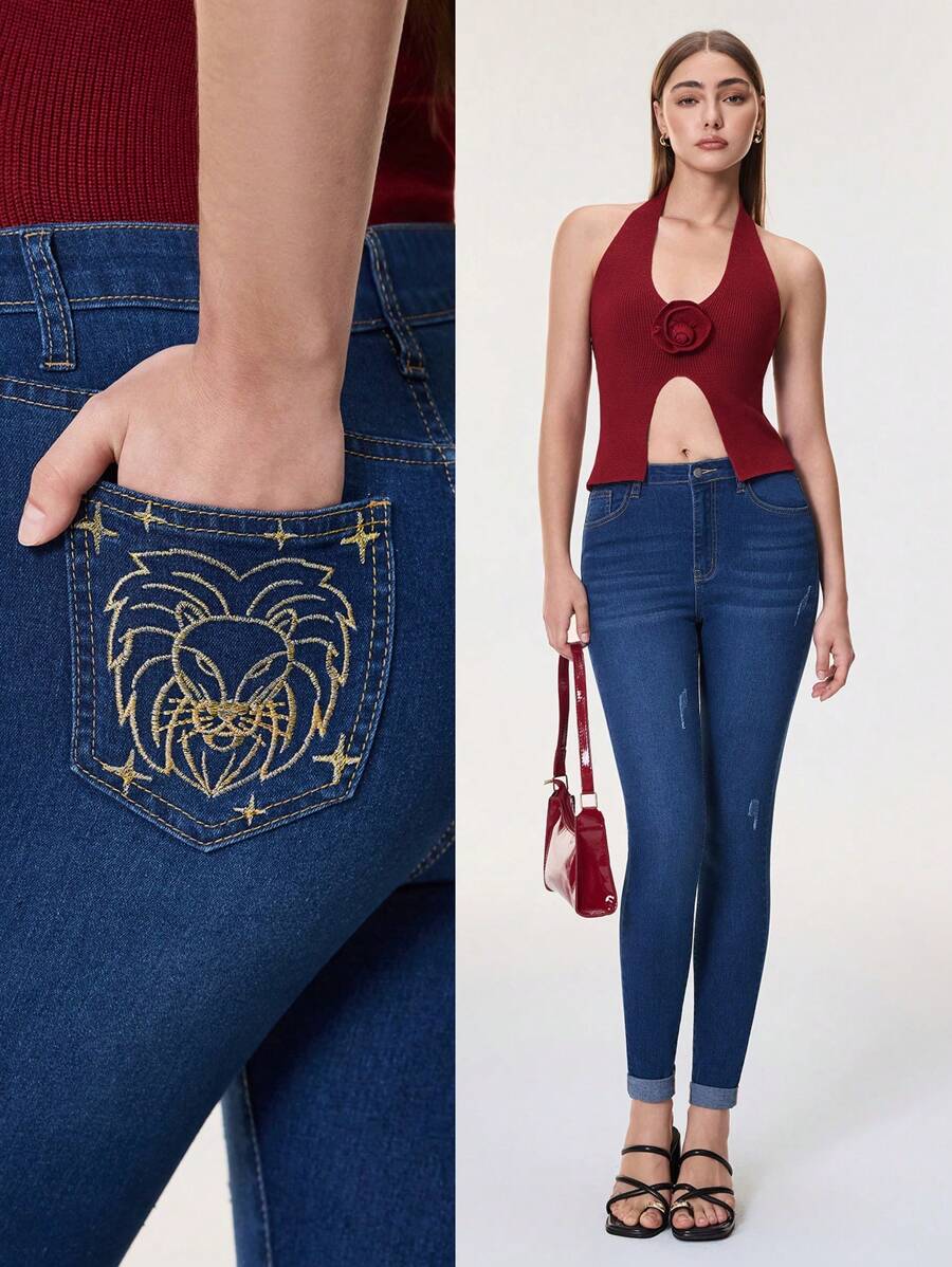 SHEIN BAE 女士休闲牛仔裤，刺绣十二生肖图案，温柔真挚的螃蟹图案，治愈系 - 藍色 - 查看 1