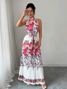 Elenzga Vestito lungo casual da donna senza maniche, con colletto alla coreana, stampa floreale francese elegante, con cintura e dettagli plissettati, adatto per primavera/estate