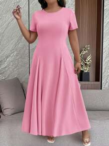 EMERY ROSE Vestido largo con mangas cortas, cuello redondo, cintura ceñida y falda en línea A con inserciones contrastantes, hecho de tela de punto rosa, para vacaciones y uso informal, tallas grandes, para primavera/verano - Rosa - Ver 3