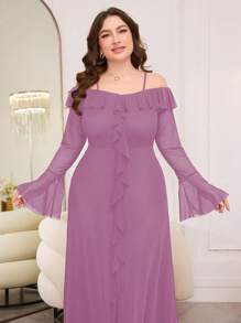 Modelyn Plus Size Women's Off-Shoulder Long Sleeve Flare Waist Ruffled Mesh Elegant Dress