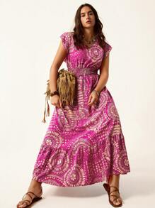 SHEIN LUNE 大码女式夏季宽松休闲风格连衣裙，玫瑰粉色舒适合身几何图案 V 领蕾丝袖腰部松紧带束腰 Chillax 连衣裙女式波西米亚连衣裙女式太阳裙 - 彩色 - 查看 7