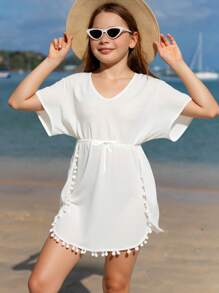 SHEIN Tween Girls' Solid Color Pompom Decorated Swimsuit Cover-Up Beachwear Teen Cover Up Bathing Suit Cover Up Girls Beach Coverup Girls Summer Clothes Shirts Girls Beach Cover Up Summer Holiday