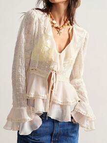 Bohemela Blusa casual de mujer con bordados y volantes en el bajo, de estilo bohemio - Albaricoque - Ver 7