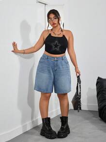 SHEIN ICON 大码女式宽松口袋阔腿休闲牛仔百慕大短裤 - 藍色 - 查看 3