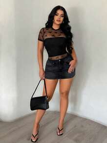 SHEIN SXY Bộ đồ liền thân tay ngắn bằng lưới jacquard chấm bi nơ mỏng gợi cảm cho nữ mùa hè - màu đen - Xem 4