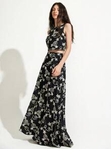 GENKIRA Black & White Contrast Color Vacation Style Embroidered Loose Flare Skirt And Sleeveless Cropped Tank Top Set, Casual Versatile Two Pieces For Women - Black - View 3