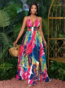 SOLERSUN 女式休闲假日深 V 领露背褶皱开叉大腿长裙，带植物印花