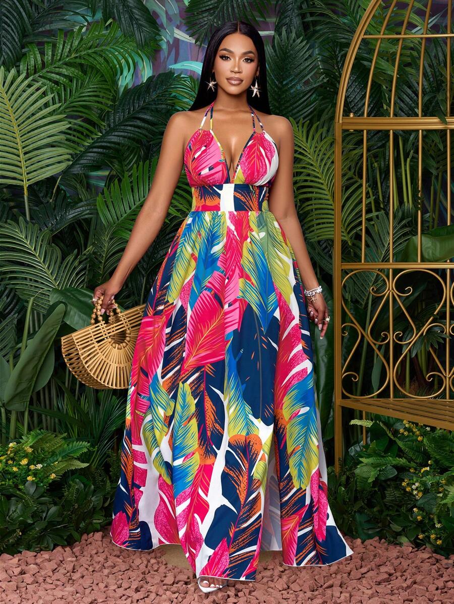 SOLERSUN 女式休闲假日深 V 领露背褶皱开叉大腿长裙，带植物印花