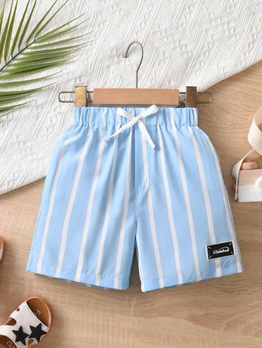 SHEIN Young Boy Striped Embellished Holiday Style Shorts, Spring/Summer - Baby Blue - View 1