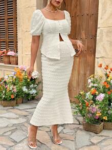 SHEIN 孕妇两件套套装 孕妇两件套套装 鱼尾裙 泡泡袖 奶油黄 度假装 奶油黄 - 杏色 - 查看 8