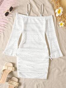 SHEIN Tween Girls Casual Vacation Seashore Crochet Lace Frill Ruffle Bow Off Shoulder Flounced Hem Knit Dress, White