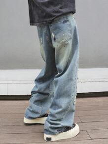 Manfinity EMRG Jeans de mezclilla de estilo callejero para hombres con bolsillo de contraste y efecto desgastado
