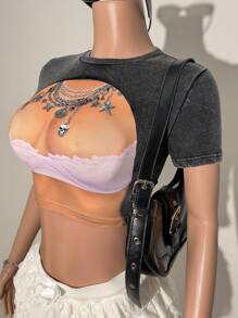 Slaydiva 2025 春夏新款波西米亚音乐节休闲街头时尚性感可爱甜美 Y2K 图案漂白短款短袖修身 T 恤上衣 - 灰色 - 查看 10