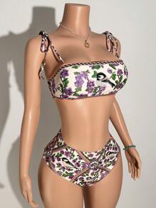 Slaydiva 2 件套 2025 春夏新款邮轮旅行海滩度假阳光花朵印花系带肩比基尼上衣 + 高腰泳衣 - A - 彩色 - 查看 8
