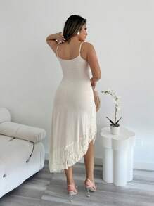 SHEIN LUNE Women's Spaghetti Strap Sexy Fringes Long Dress - Apricot - View 2