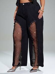Denimoi Pantalones de pierna ancha de talla grande con inserción de malla de strass