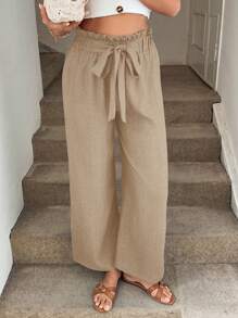 Easowa Pantalones anchos de mujer con lazo en el bajo, pantalones fluidos elegantes y casuales para vacaciones - Caqui - Ver 3