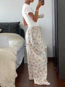 Livesso 2 件套女士草莓印花宽松睡衣套装，纯色短袖上衣和裤子，睡衣 - 杏色 - 查看 2