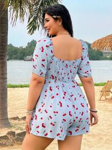 SHEIN EZwear 大码女式樱桃印花方领短袖连体裤 - 藍色 - 查看 2
