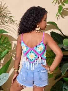 SHEIN 青少年女孩手工钩针花卉方形流苏背心 - 彩色 - 查看 2