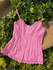 Comfortcana 女士纯色撞色蕾丝单排扣吊带背心粉色蕾丝边上衣粉色夏季上衣可爱粉色上衣娃娃衫女士娃娃衫夏季女士上衣夏季吊带背心 - 粉色 - 查看 5