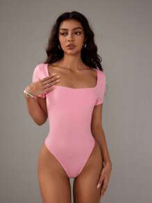 TRNVIE Women's Solid Color Slim-Fit Minimalist Square Neck Short Sleeve Bodysuit, Versatile For Daily Commute - Pink - View 4