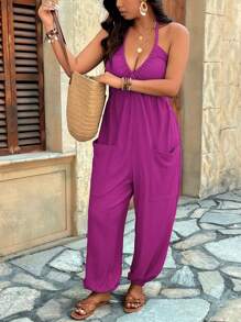 Breezaya 大码V领纹理面料连体裤，带口袋和束口裤腿，适合休闲、室内、旅行、度假等场合，女士夏季服装 - 中紫紅色 - 查看 4
