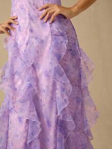 Enchnt Váy maxi organza hở lưng, cổ yếm, viền bèo nhún, dây mảnh màu tím lãng mạn mùa xuân/hè dành cho nữ, ngọt ngào và thanh lịch cho kỳ nghỉ, ngày lễ, tiệc tùng, tốt nghiệp và khách dự tiệc cưới, bãi biển, váy dạ hội, váy mùa hè cho nữ, váy chống nắng cho nữ, quần áo mùa hè, váy thanh lịch cho tiệc tùng - Màu tím hoa cà - Xem 2