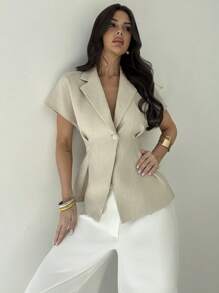 Firerie Veste de blazer en lin à taille cintrée à manches courtes, style décontracté/bureau, en abricot, pour l'été, pour femmes