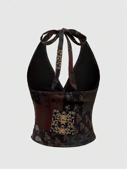 Hippie Sexy Hippie Vacation Retro Print Halter Tie Bow Sleeveless Top For Women