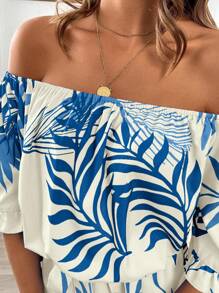 Breezaya Ruffle Sleeve Waist Cinched Off Shoulder Hawaiian Style Romper - Multicolor - View 5