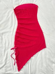 SHEIN Teen Girls Holiday Pink Textured Strapless Side Slit Drawstring Waist Asymmetrical Hem Mini Dress, Wedding Season Afternoon Tea Fashion Fall Winter Lining