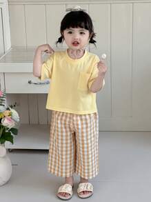 Dazy Kids 2pcs Baby Girl Solid Color Short Sleeve T-Shirt And Plaid Casual Loose Pants Homewear Set Toddler - Yellow - View 6