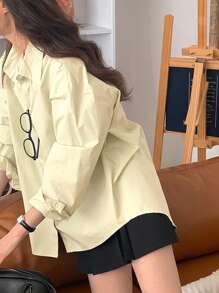 DAZY Women Mint Green Loose Fit Turndown Collar Back Slit Long Sleeve Shirt, Spring/Summer,Fall Clothes - Apricot - View 5
