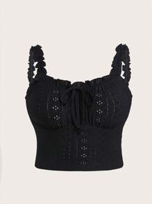 SHEIN EZwear Plus Size Vacation Style Valentine's Day Romantic Black Sheer Ruffle Trim Camisole, Fashionable & Versatile, Spring/Summer - Black - View 2