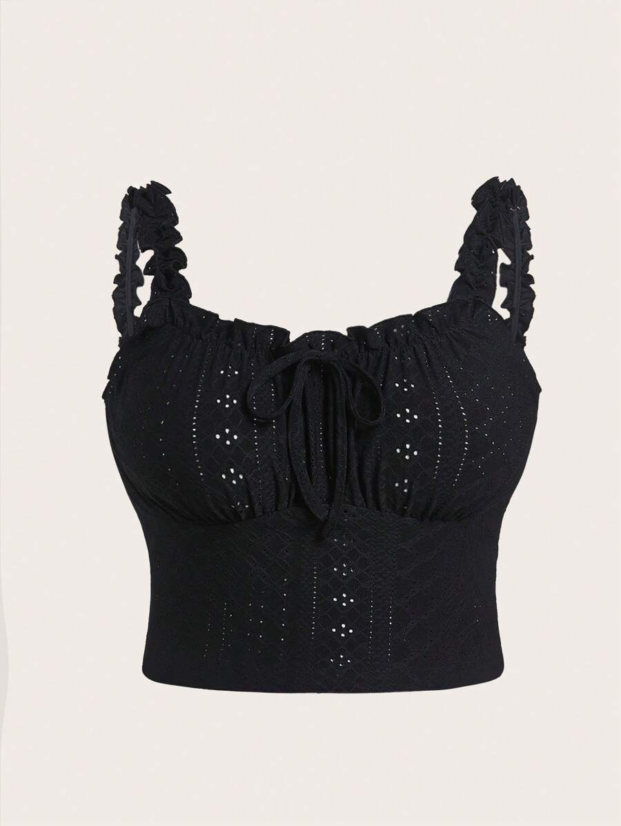 SHEIN EZwear Plus Size Vacation Style Valentine's Day Romantic Black Sheer Ruffle Trim Camisole, Fashionable & Versatile, Spring/Summer