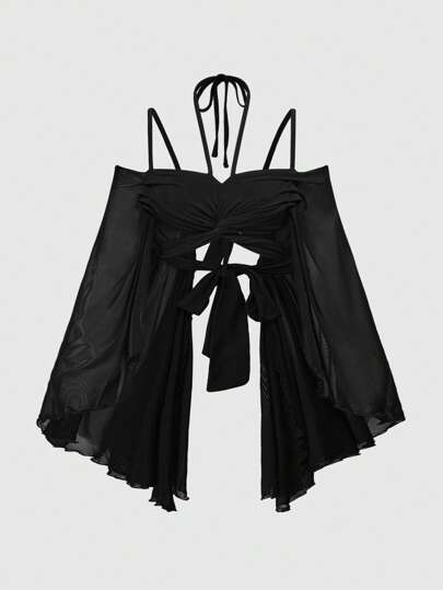 Hauts court à manches évasées avec imprimé papillon et effet blocs de couleurs, style Y2K vacances Goth de plage