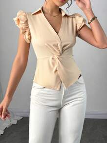 Elenzga Women's Solid Color Cap Sleeve Waist Twist Design V-Neck Blouse - Apricot - View 6