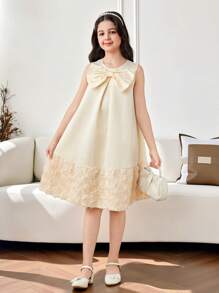 Tween Girl 3D Flower Patchwork Big Bow Decor Round Neck Sleeveless A-Line Dress