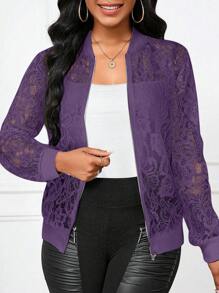 SHEIN Lady Women's Lightweight Black Lace Baseball Jacket Coat